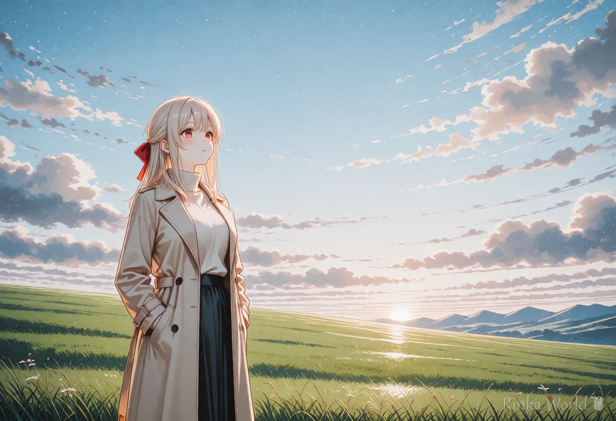 Wide shot of a small girl standing in a vast meadow