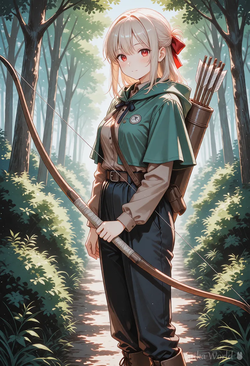 ファンタジーの弓を手に持つ弓使いの女の子のアニメイラスト　武器の作例