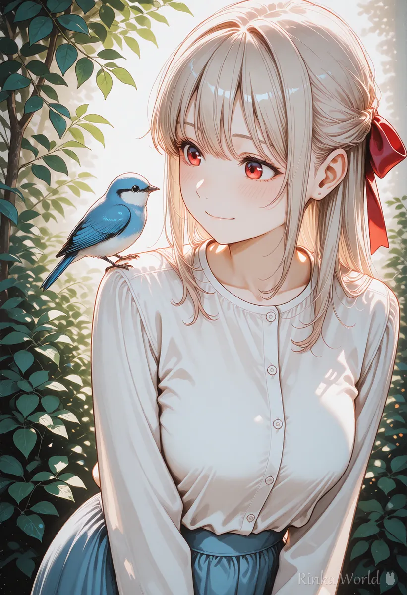 肩に小鳥がとまった女の子のアニメイラスト