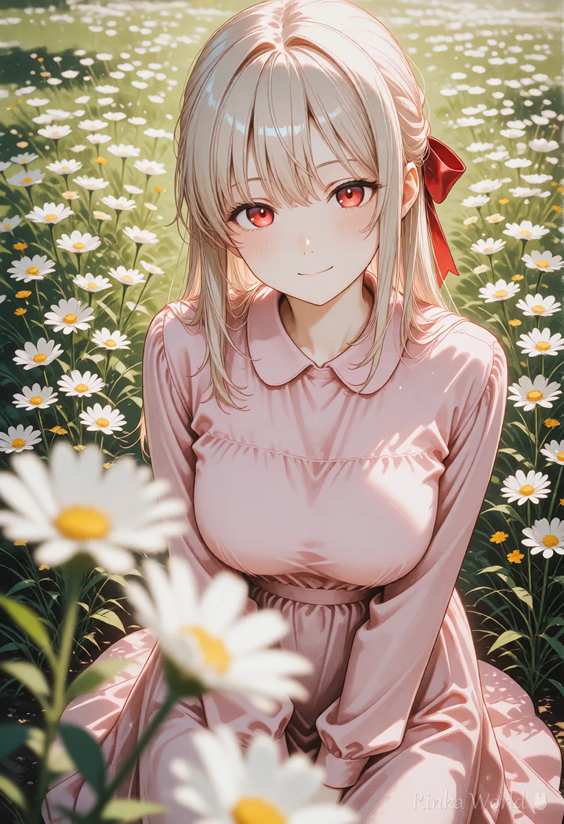 手前の花をぼかして奥行きを出したアニメの女の子のイラスト