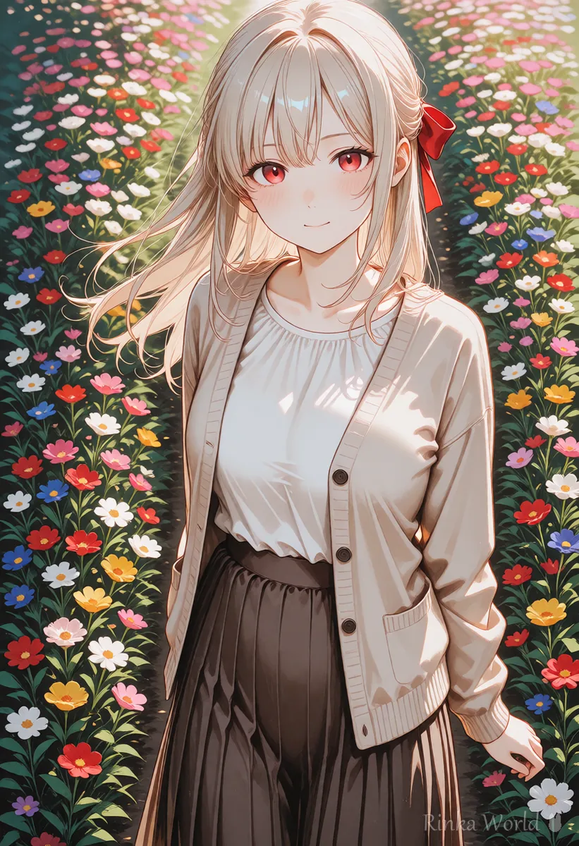 背景が細かく切り抜きがむずかしい例　花畑に立つ女の子のアニメイラスト