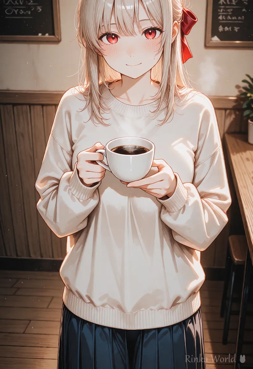 Anime girl in a cafe holding a steaming white cup with both hands