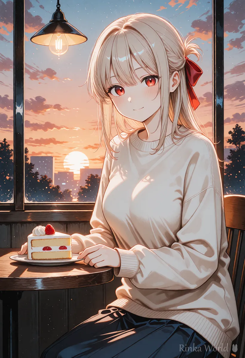 Anime girl in a cafe in the evening with a small cake under warm lamp light
