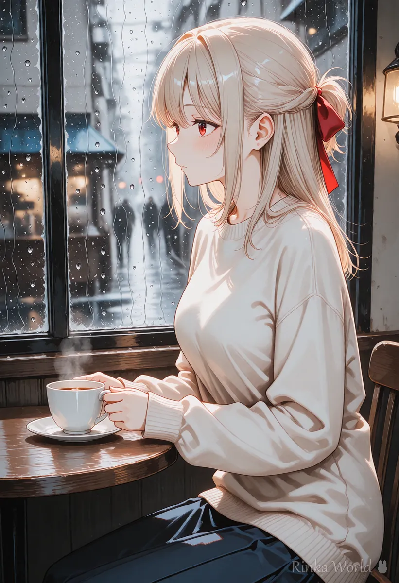 Anime girl in a cafe looking out of a rainy window with a teacup on the table