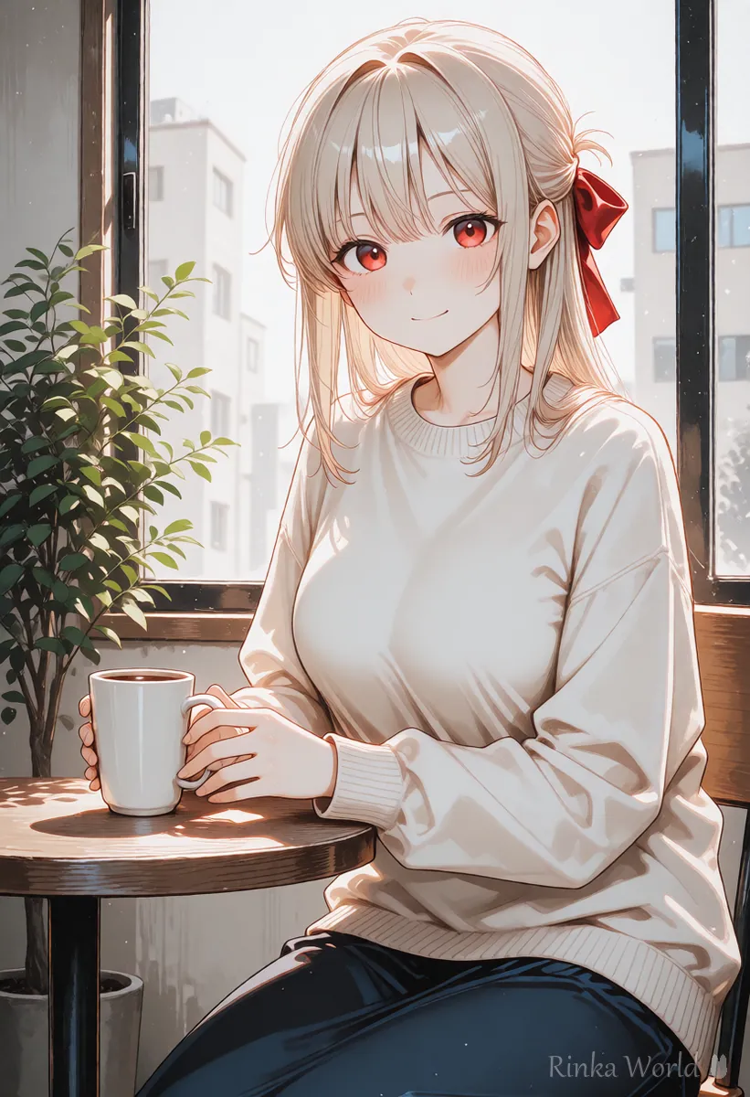 Anime girl sitting at a window seat in a cafe with a potted plant