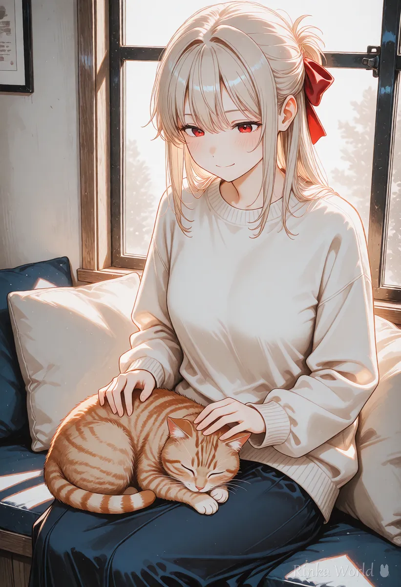 膝の上の猫をなでる女の子のアニメイラスト