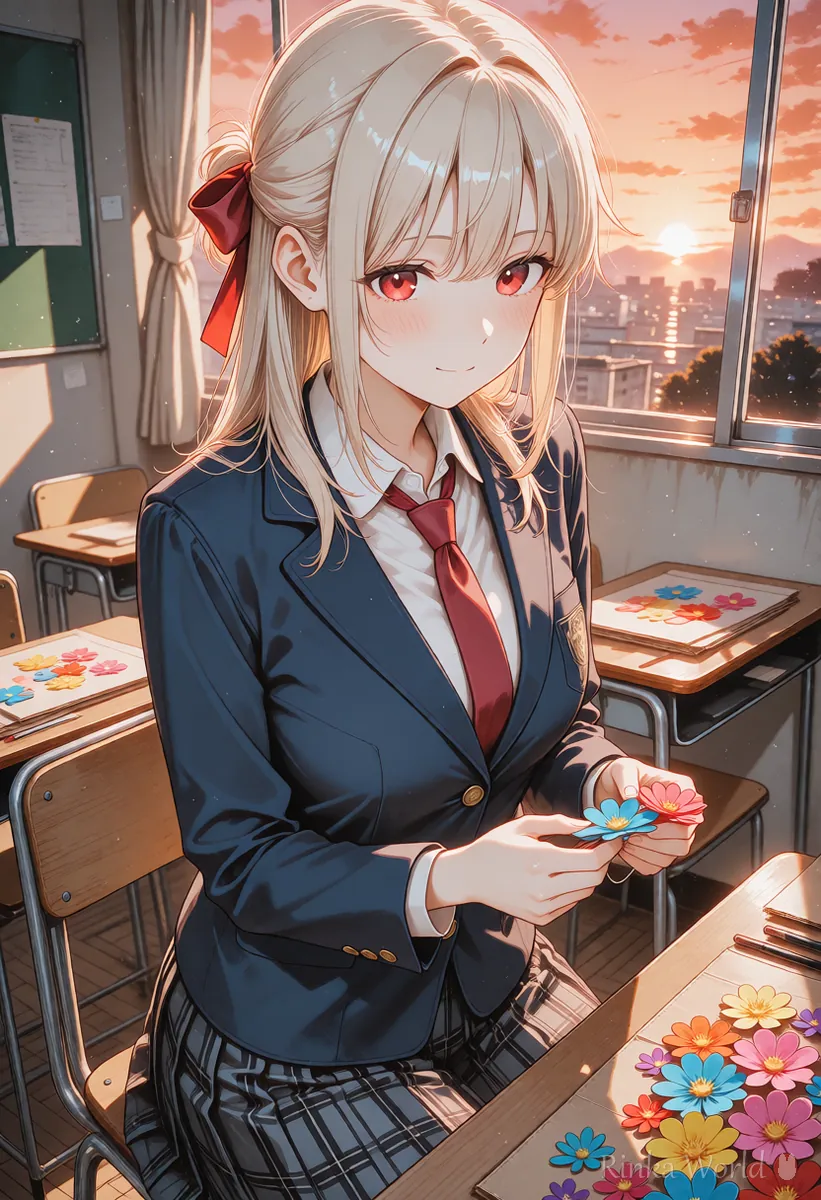 夕日が差す教室で色紙の飾りを作る、文化祭の準備をする女の子のアニメイラスト