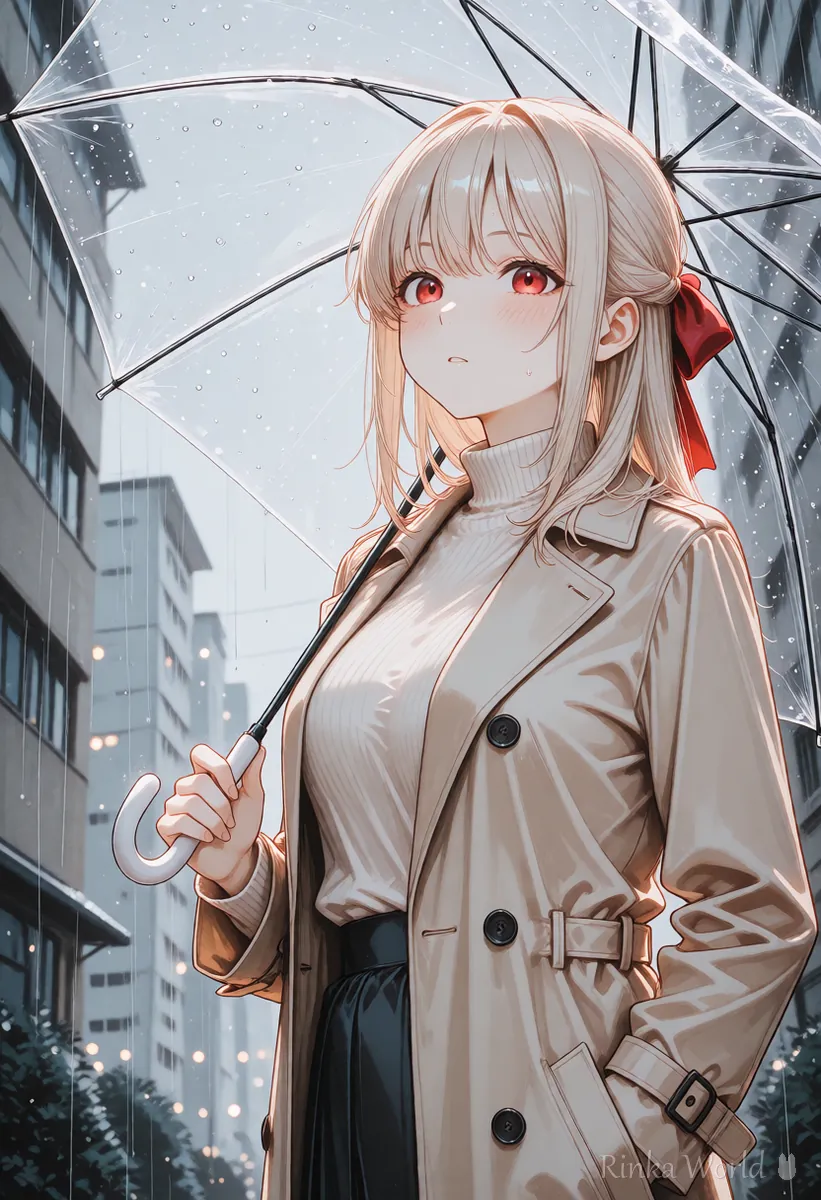 雨の街で透明なビニール傘をさして空を見上げる女の子のアニメイラスト　傘のプロンプトの作例