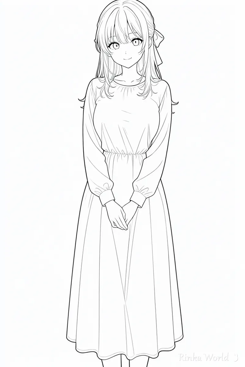 色を塗っていない、塗り絵用の線画で描いた女の子の全身イラスト　白い背景の例