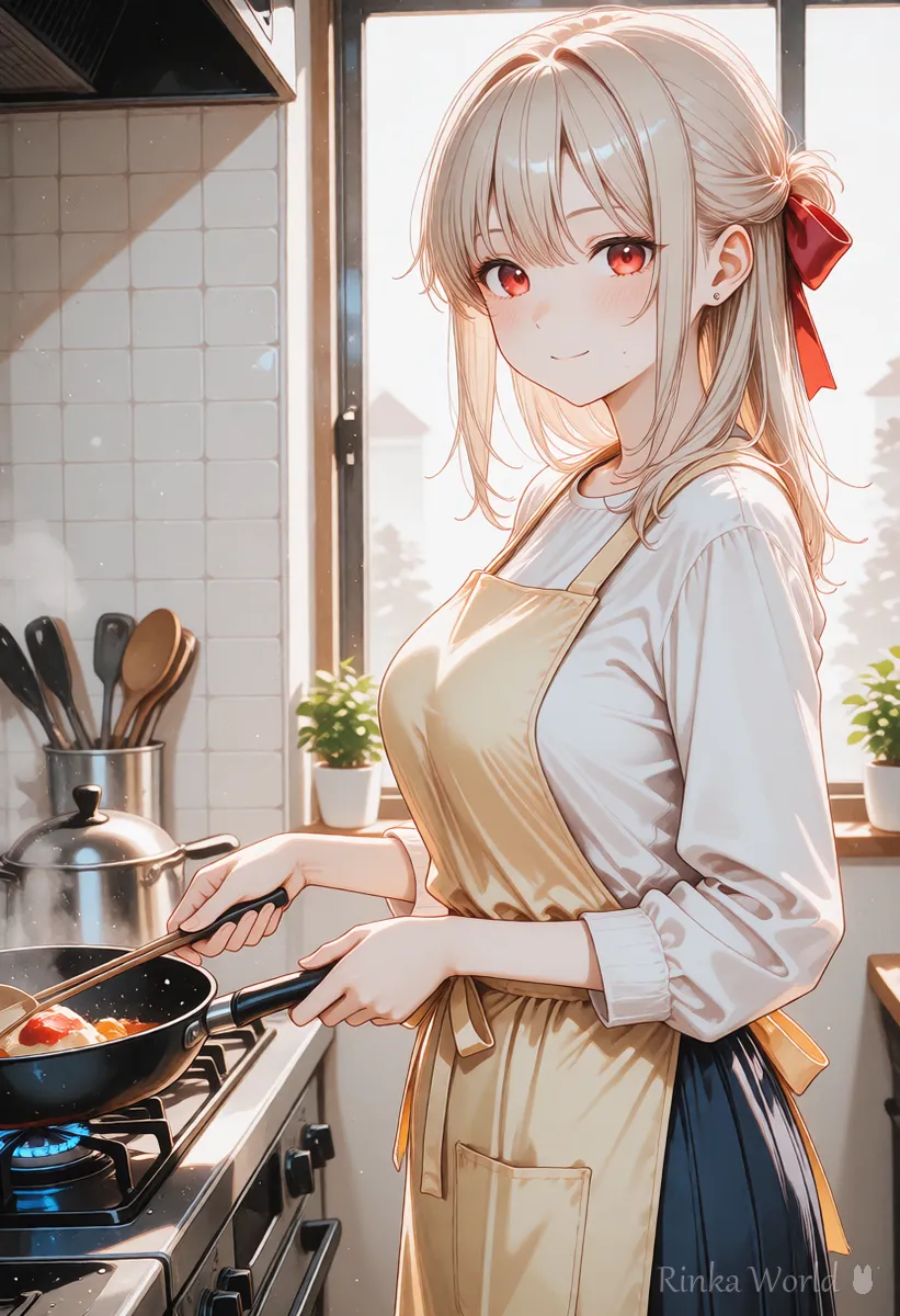 キッチンで料理をする女の子のアニメイラスト