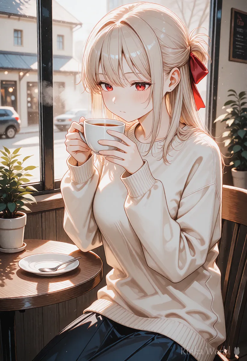 カフェで紅茶を飲む女の子のアニメイラスト