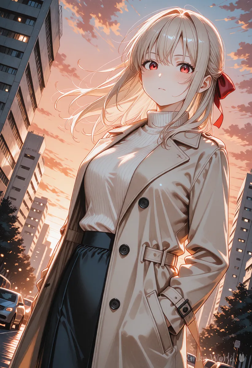 画面を斜めに傾けた構図で夕焼けの街に立つ女の子のアニメイラスト