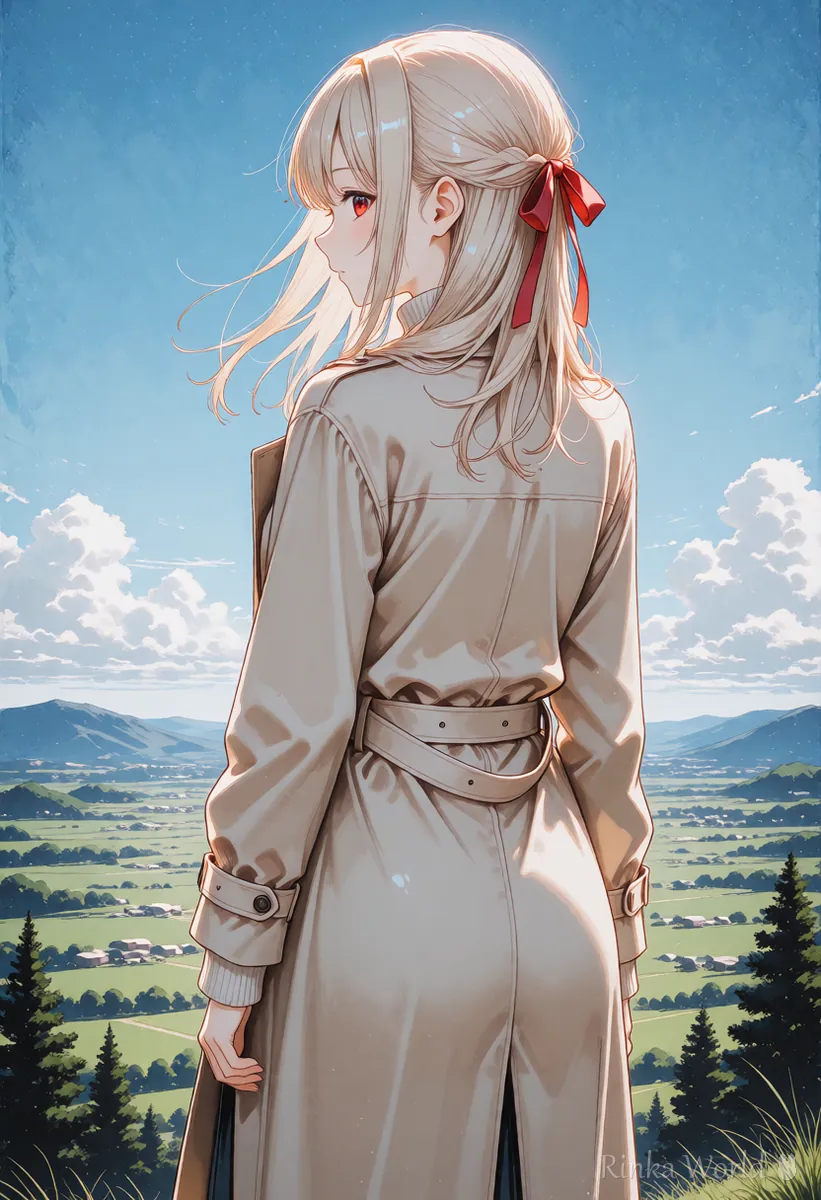 丘の上で広い谷を眺める女の子の後ろ姿のアニメイラスト　顔を見せない構図