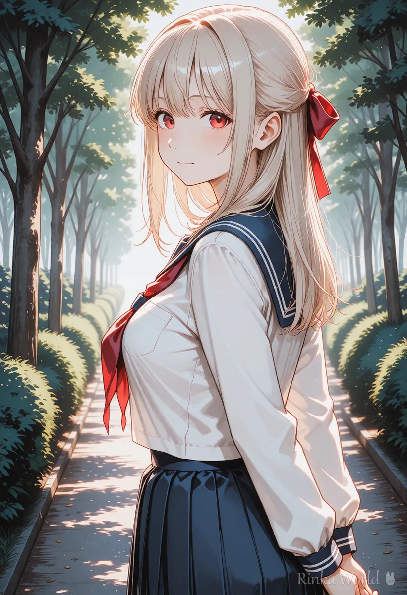 並木道を歩きながら肩ごしにふり返る、髪に赤いリボンの女の子の後ろ姿のアニメイラスト