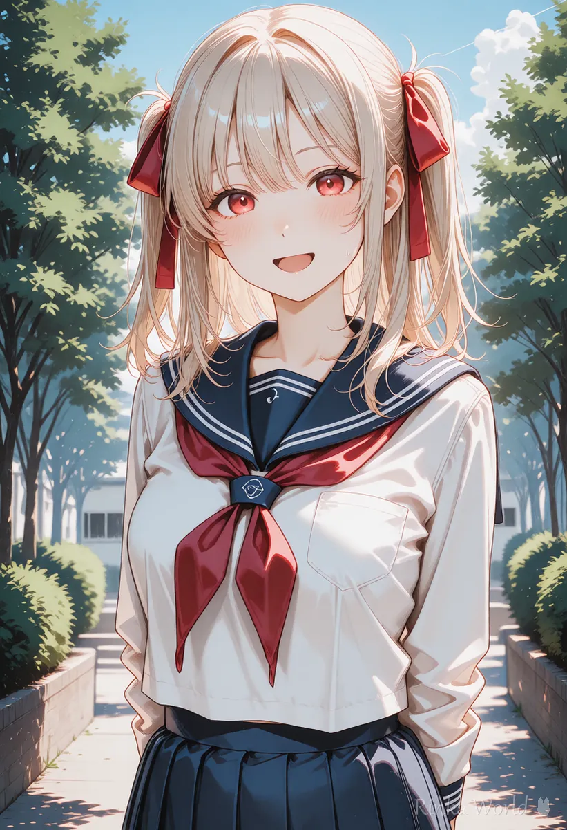 赤いヘアリボンで結んだツインテールの女の子のアニメイラスト