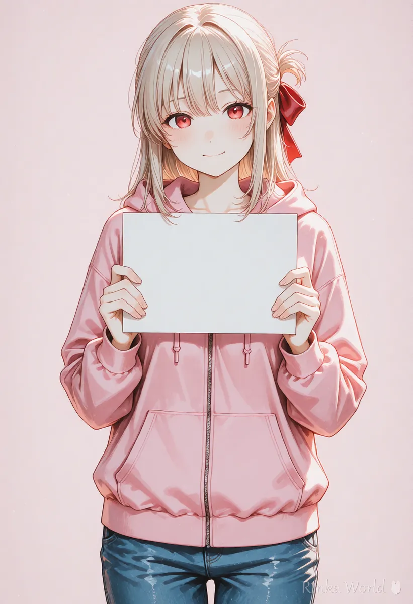 無地のカードを両手で持つ女の子のアニメイラスト メッセージを後から入れる例