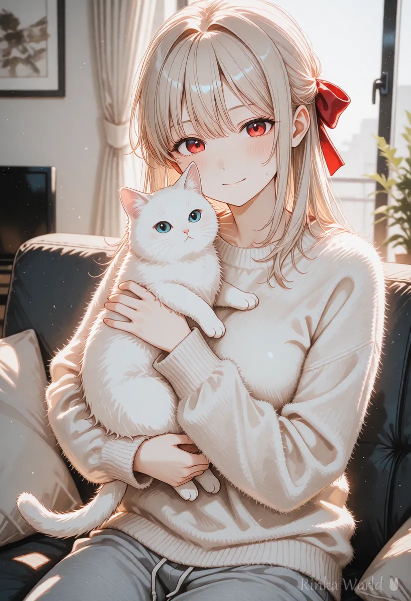 白い猫を抱っこする女の子のアニメイラスト