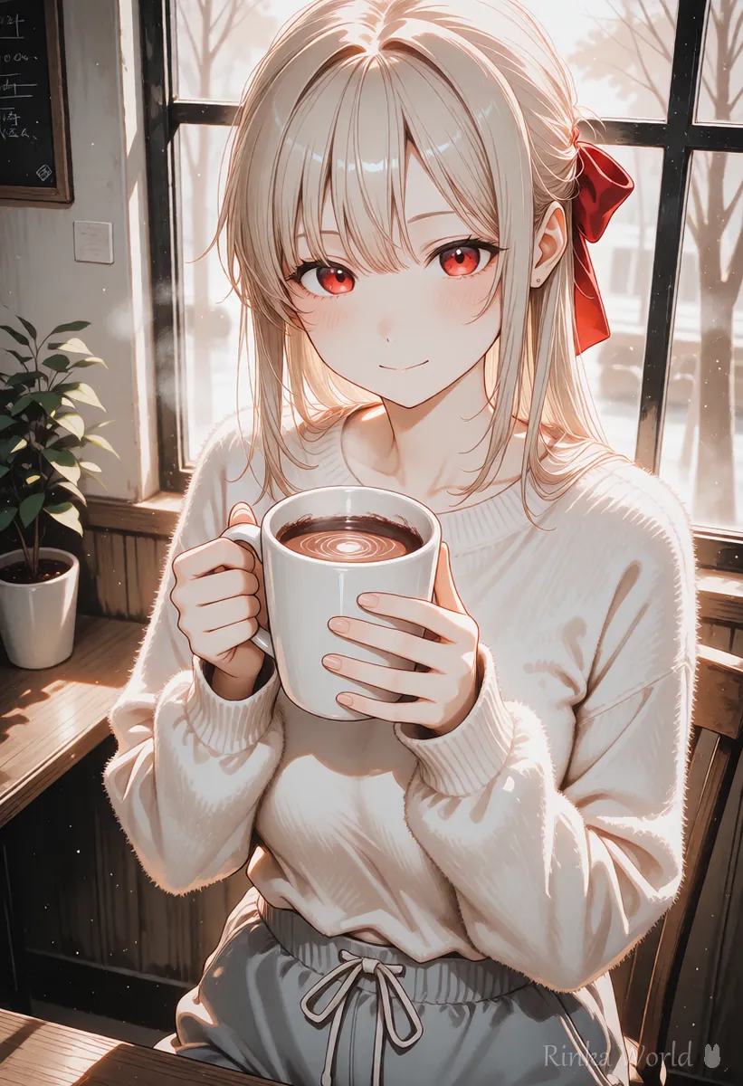 両手でマグカップを持つ女の子のアニメイラスト