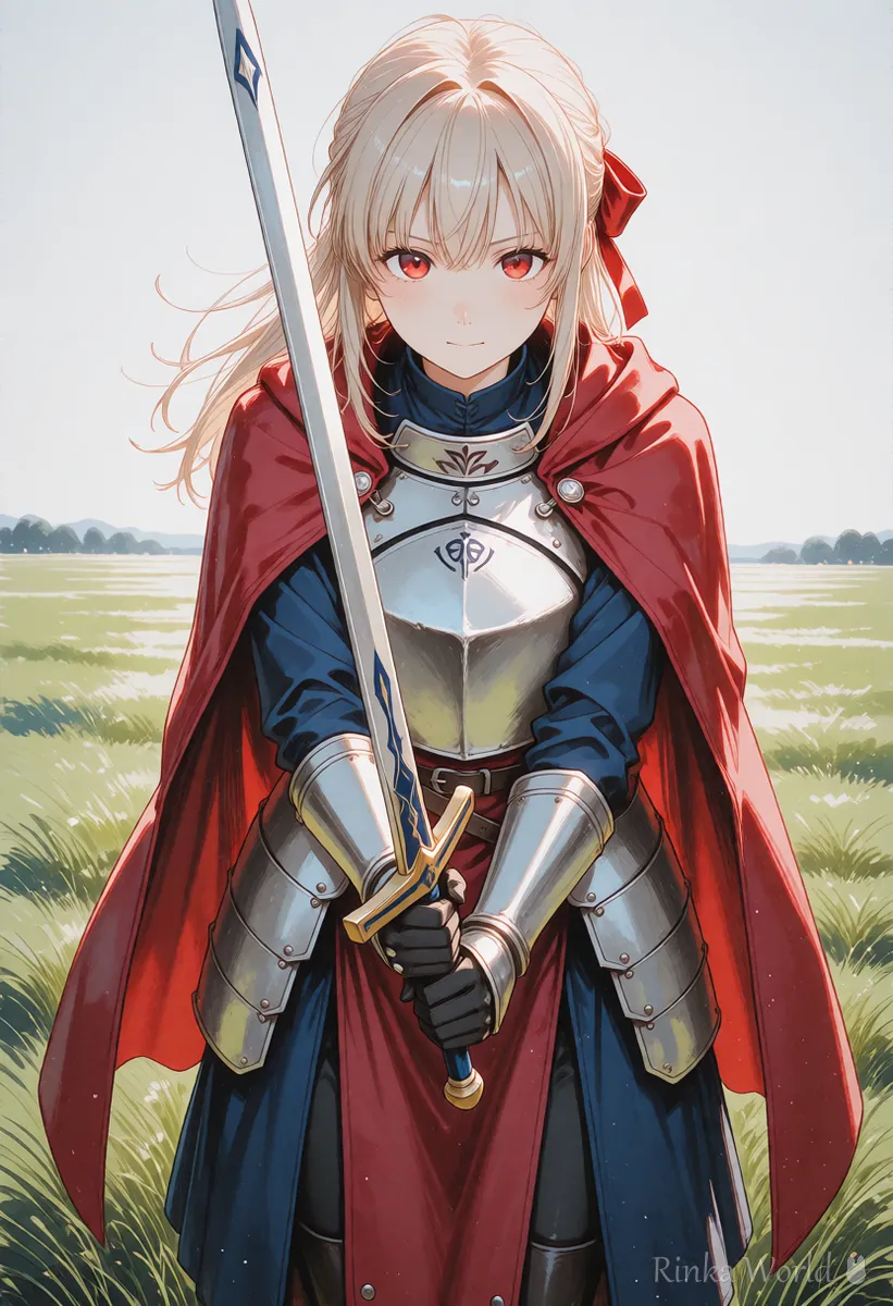剣を両手で構える騎士の女の子のアニメイラスト