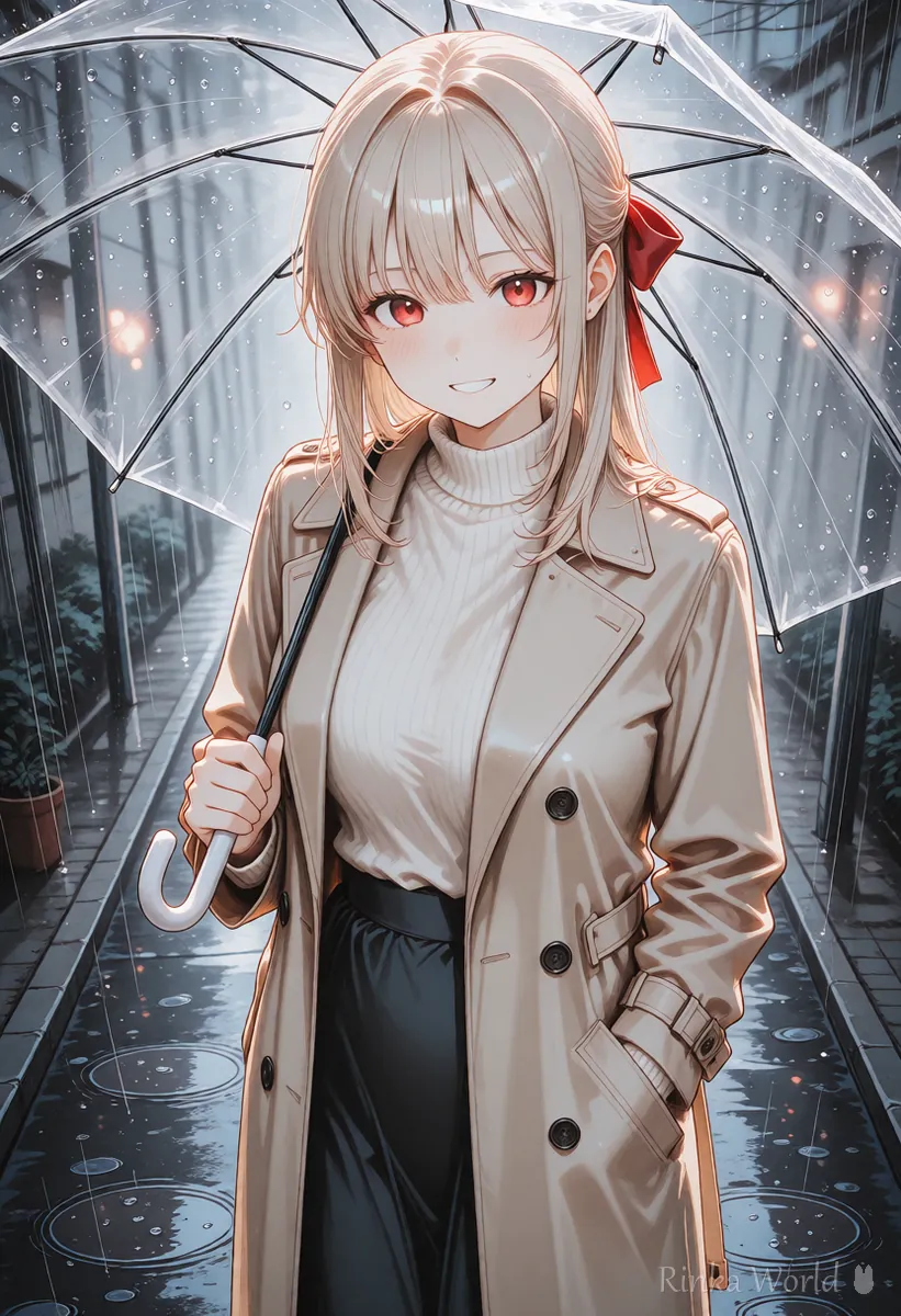 雨の日に両手で傘を持って歩く女の子のアニメイラスト　持たせるプロンプトの作例