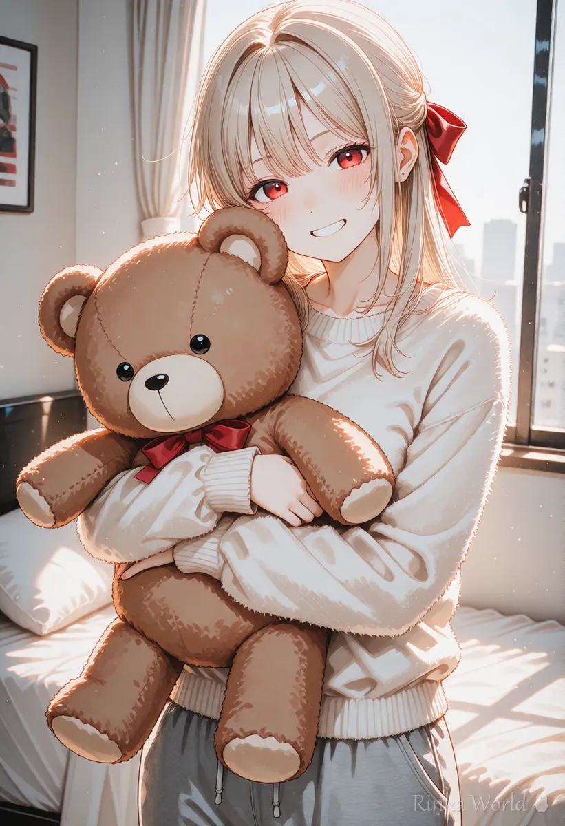 くまのぬいぐるみを胸に抱える女の子のアニメイラスト