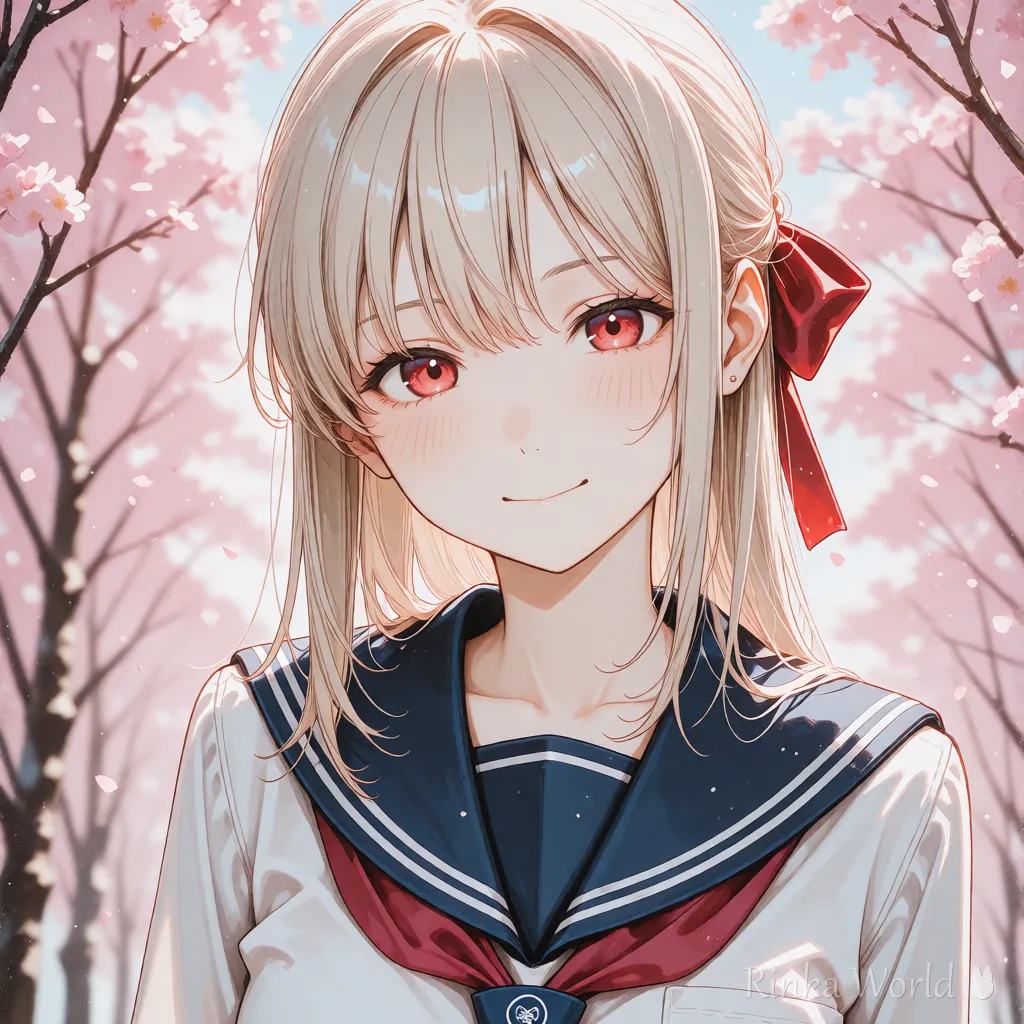 桜の背景をぼかした春のアイコン向けの女の子のアニメイラスト