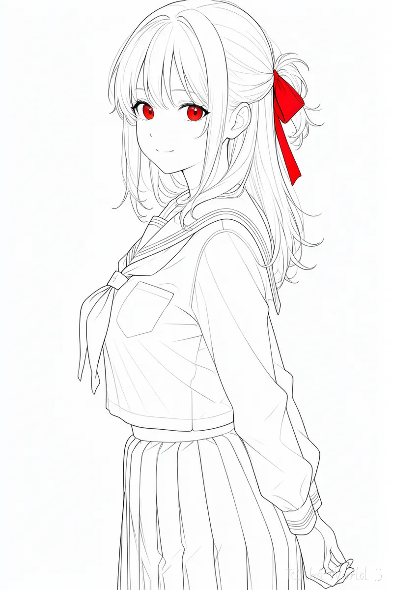 白黒の線画に赤いリボンだけ色を残した女の子のイラスト　差し色の例