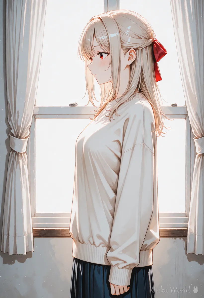明るい部屋で窓の外をながめる、物思いにふける女の子の横顔のアニメイラスト