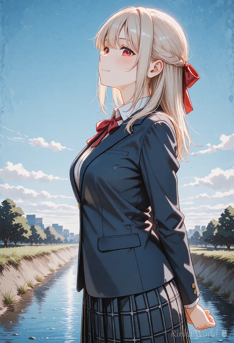 川辺で空を見上げる女の子のあごから首の線が出る横顔のアニメイラスト
