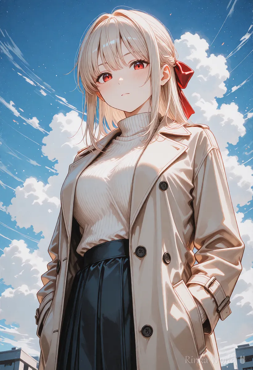 青空を背景に下から見上げた、ロングコートの女の子のあおり構図のアニメイラスト