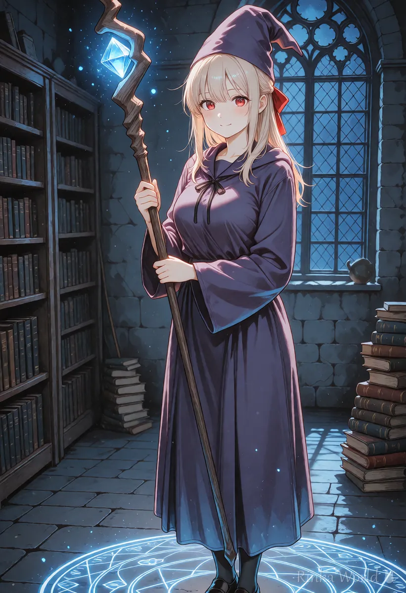 魔法の杖を持つ魔法使いの女の子のアニメイラスト