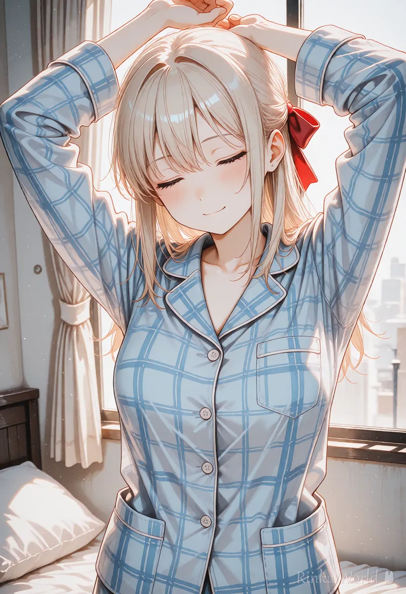 朝の部屋でのびをする女の子のアニメイラスト