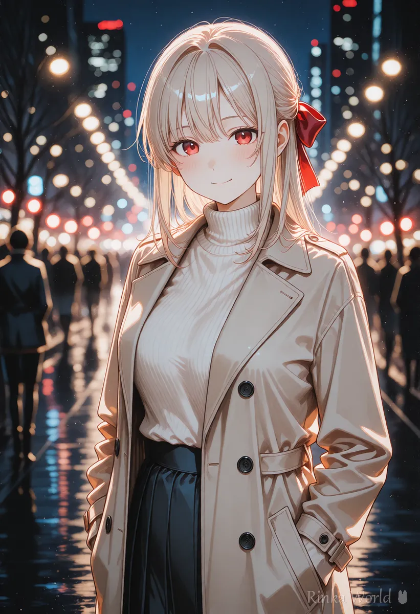 夜の街の玉ボケを背景にしたアニメの女の子のイラスト