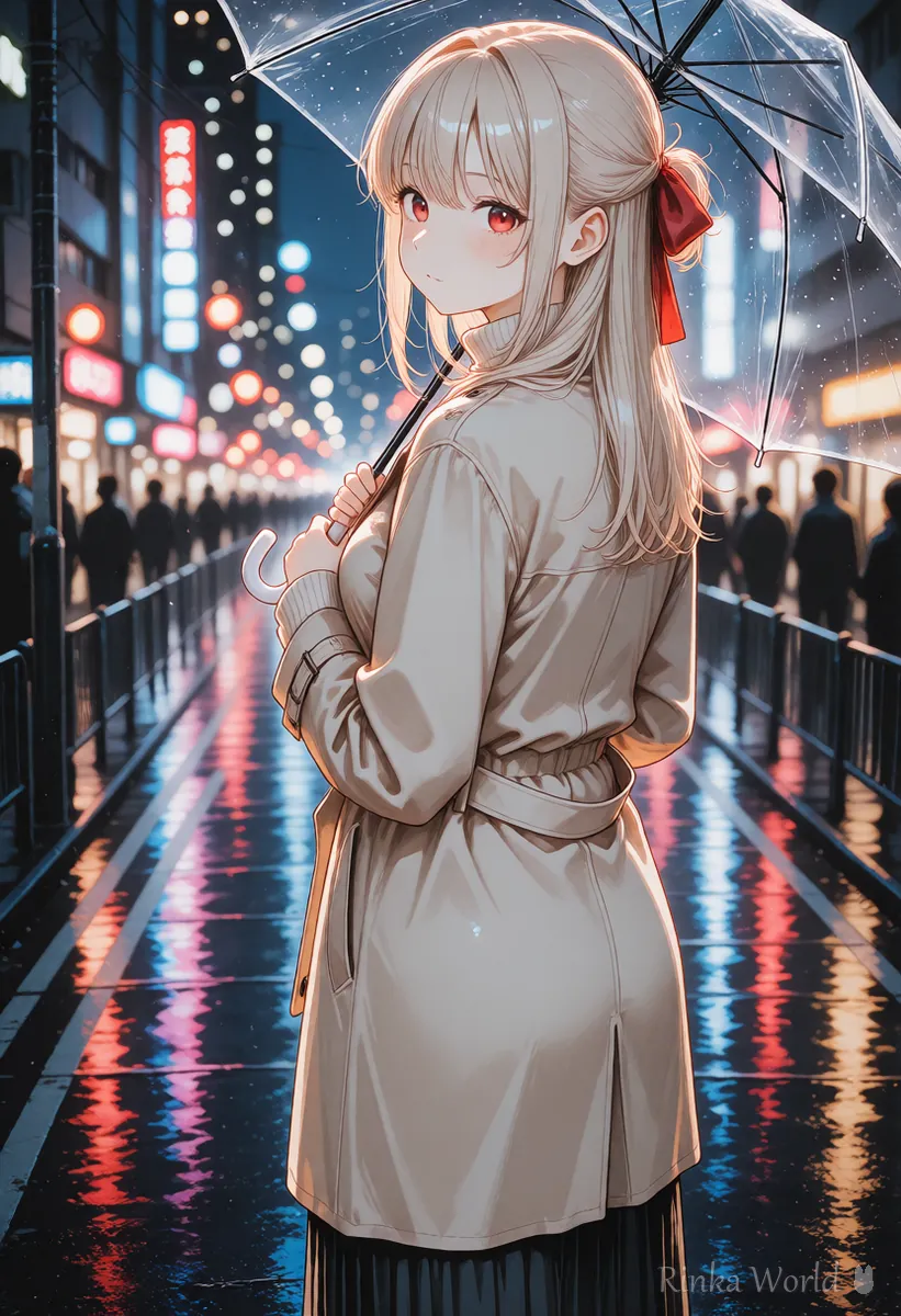 雨にぬれた夜の街で透明な傘をさして歩く、女の子の後ろ姿のアニメイラスト
