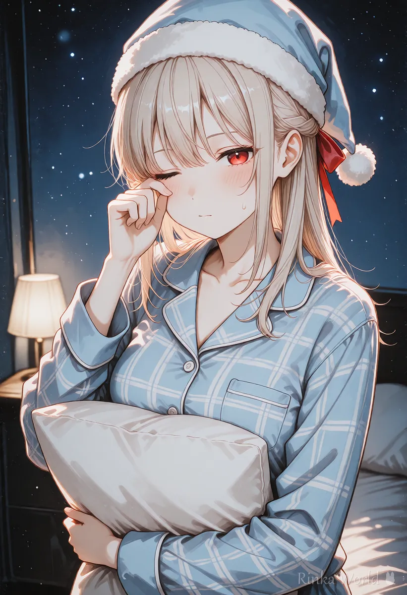 ナイトキャップとパジャマで眠そうな女の子のアニメイラスト
