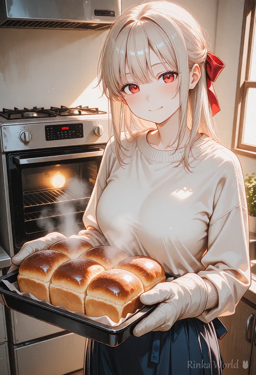 オーブンミトンで焼きたてのパンの天板を持つ、うれしそうなキッチンの女の子のアニメイラスト
