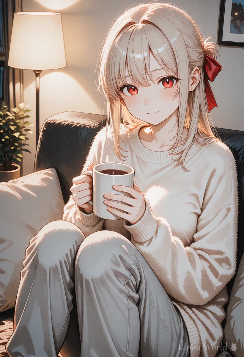 大きめのセーターでソファにくつろぐ部屋着の女の子のアニメイラスト
