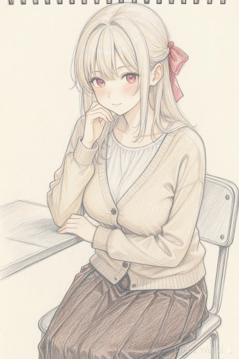 鉛筆で描いたラフスケッチ風の女の子のイラスト　線画の作り分けの例