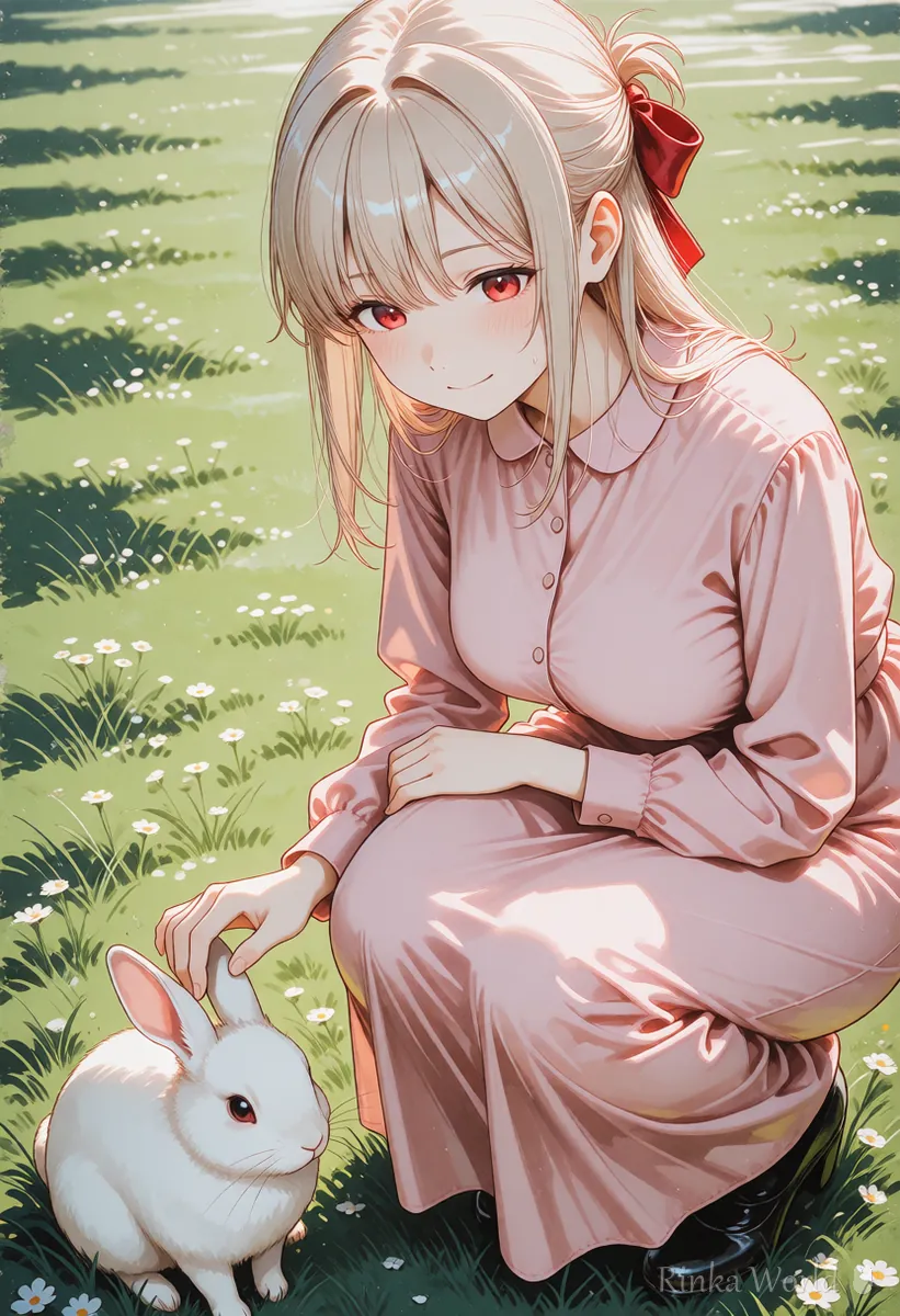 しゃがんでうさぎをなでる女の子のアニメイラスト