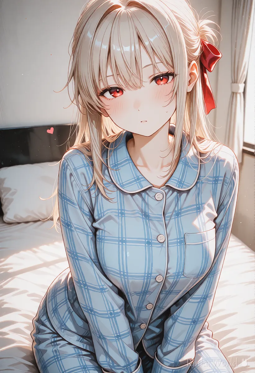 チェック柄のパジャマで朝の寝ぐせの女の子のアニメイラスト