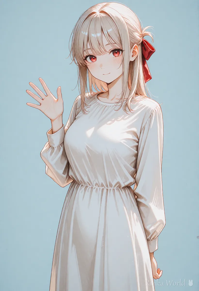 白い服が背景と混ざらないよう水色の単色背景にした女の子のイラスト