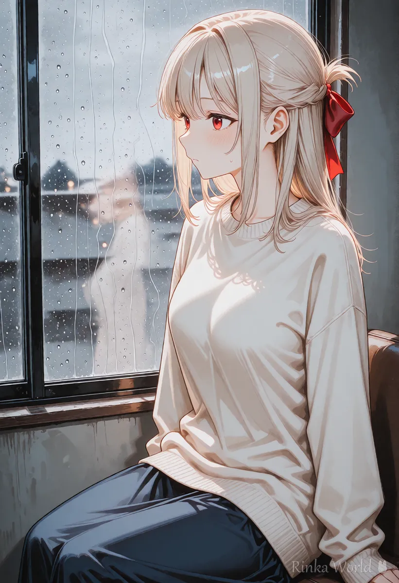 雨粒のついた窓の外を静かに見つめる、室内の女の子のアニメイラスト　雨の窓辺の場面