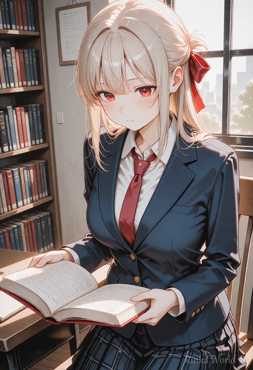 図書室の窓辺で静かに本を読む女の子のアニメイラスト　読書の動作の作例