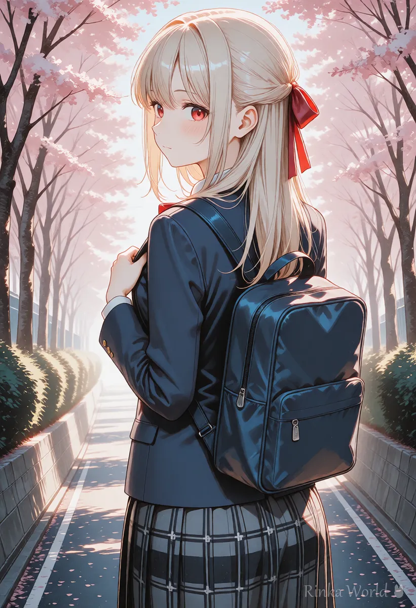 リュックを背負って通学路を歩く制服の女の子の後ろ姿のアニメイラスト