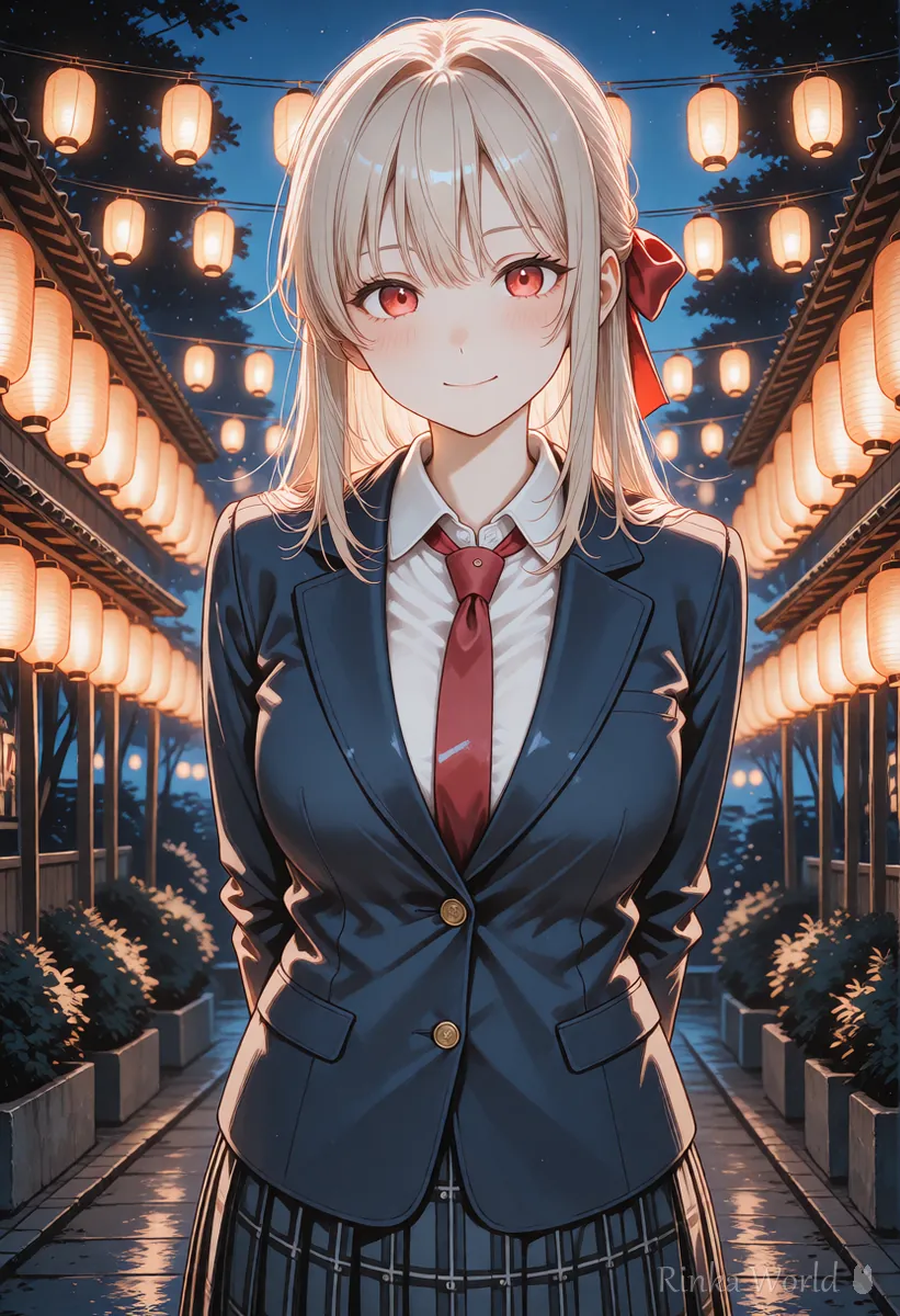 夕暮れの校庭に並んだ提灯のあかりの下で笑う、文化祭の制服の女の子のアニメイラスト