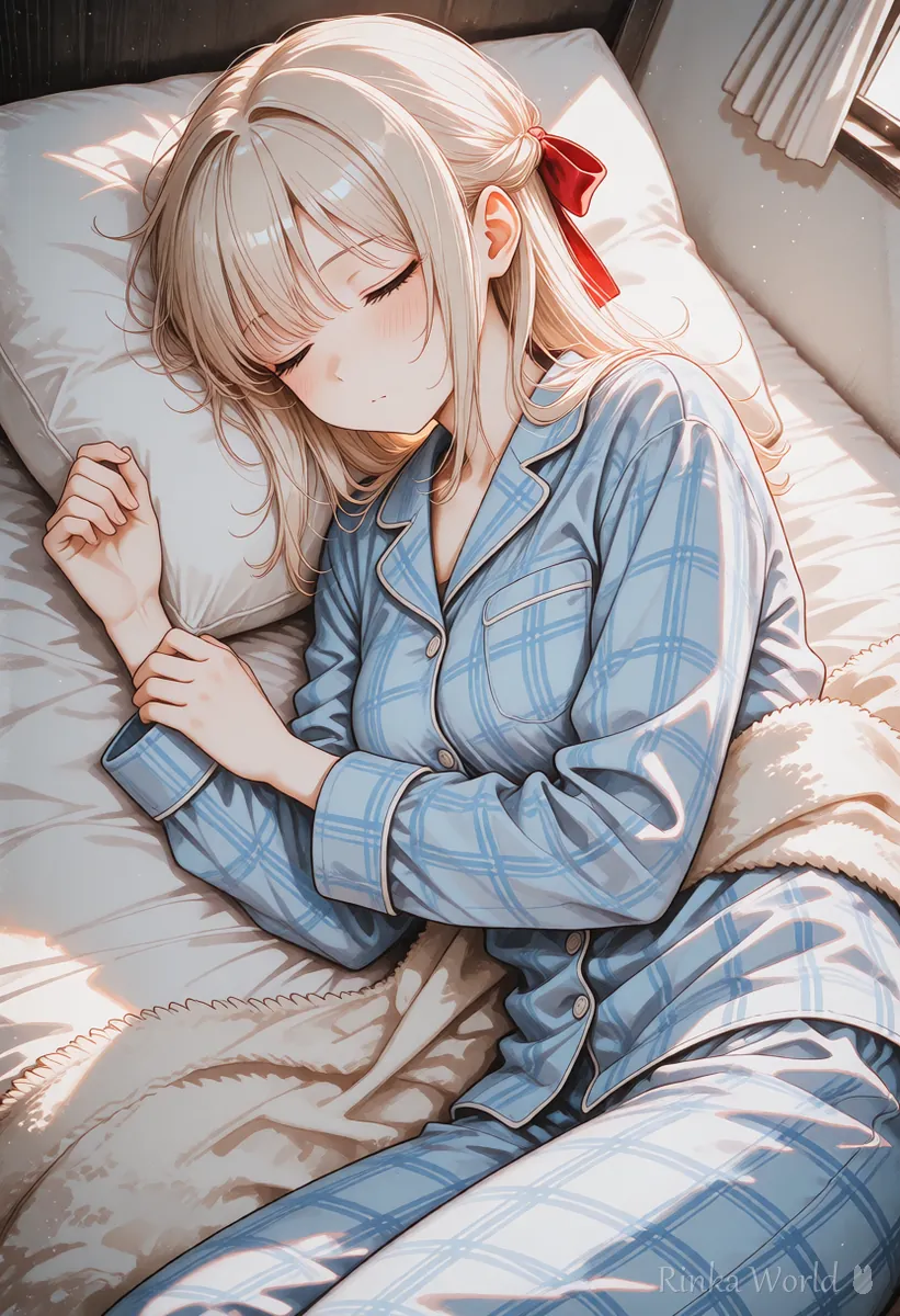 ベッドでお昼寝する女の子の寝顔のアニメイラスト