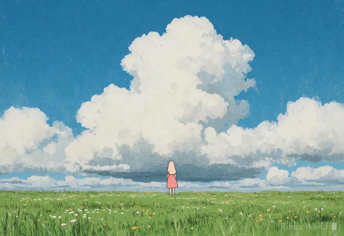 広い草原に小さく立つ後ろ姿の女の子のアニメ風景イラスト