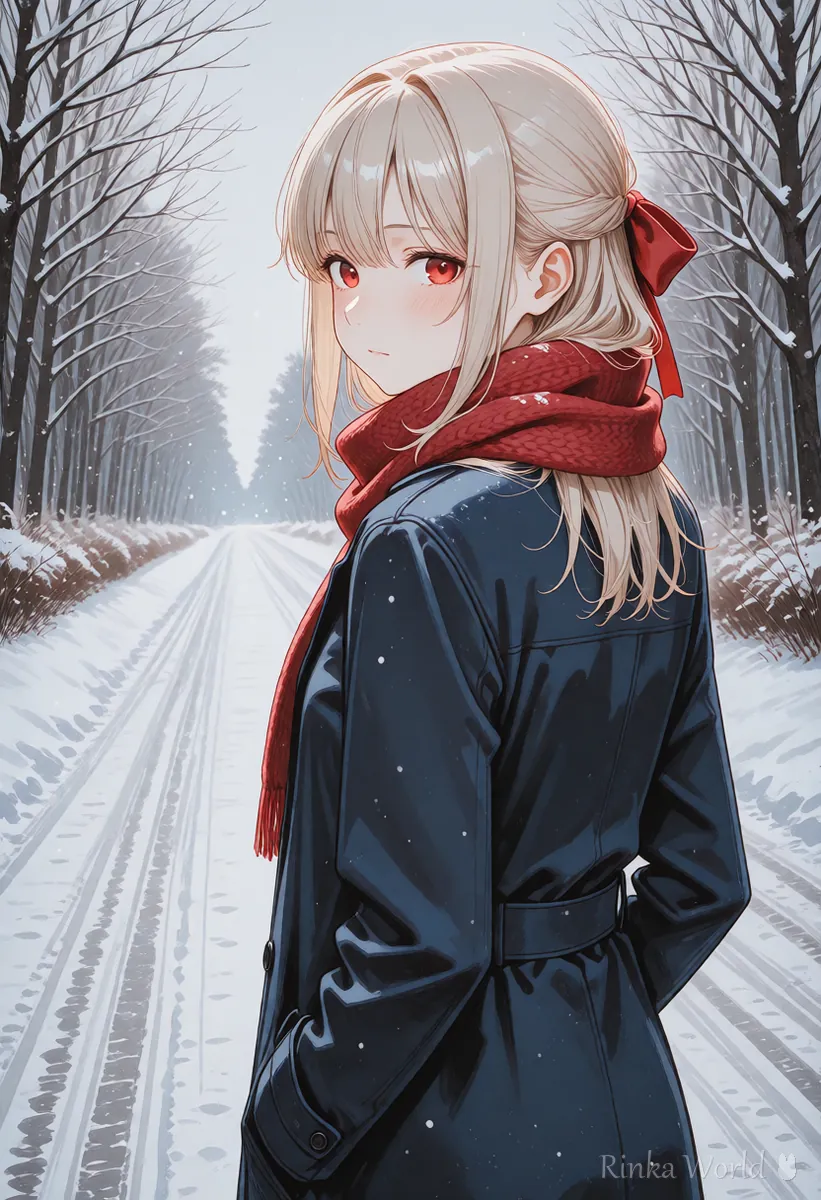 Anime girl walking along a snow-covered road lined with bare trees, seen from behind