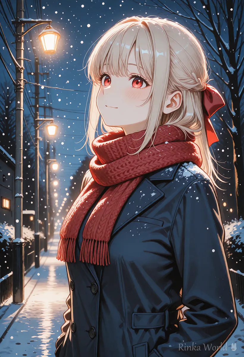 Anime girl in a red scarf looking up at falling snow on a night street