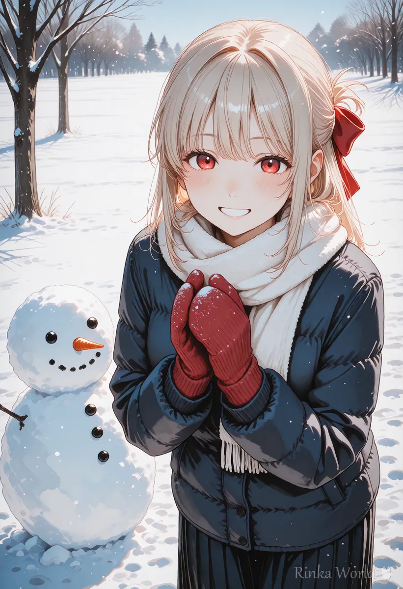 Anime girl in red mittens standing beside a small snowman in a snowy field